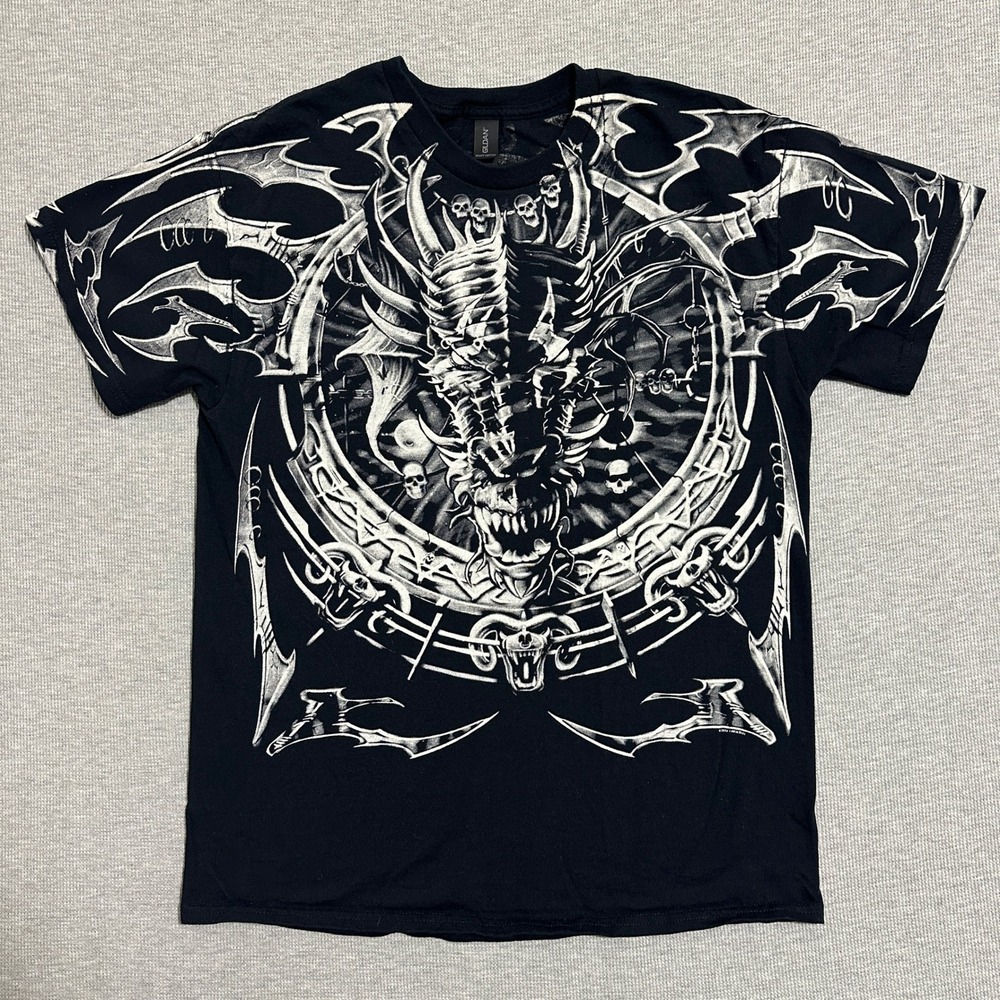 Liquid Blue Dragon Skulls Graphic T-Shirt Mens Large Black White 2008 Vintage‎